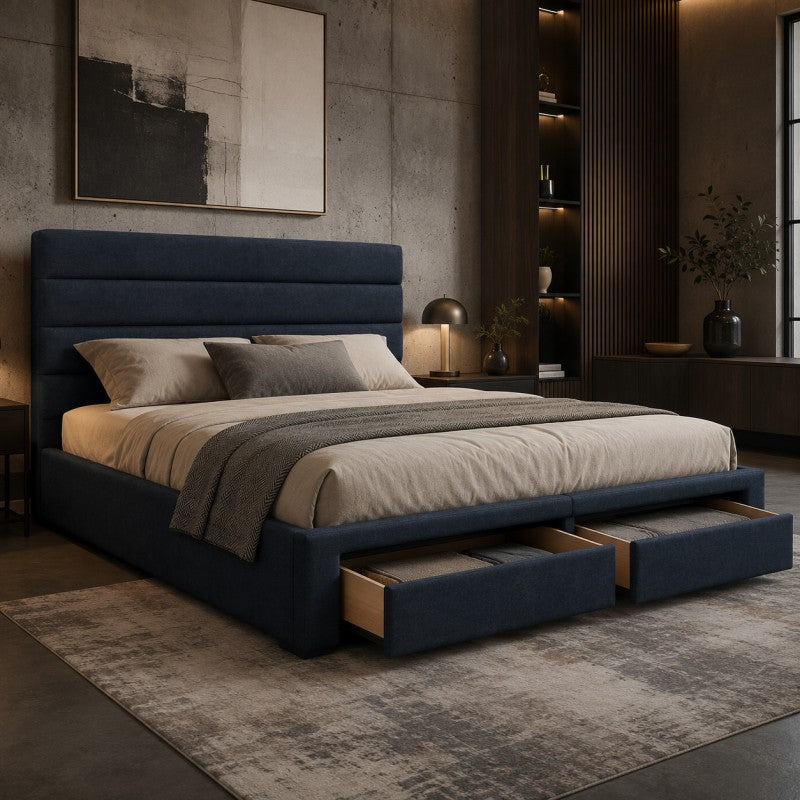 Blue Upholstered Storage Bed Frame – King