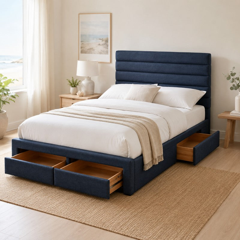 Blue Upholstered Storage Bed Frame – King