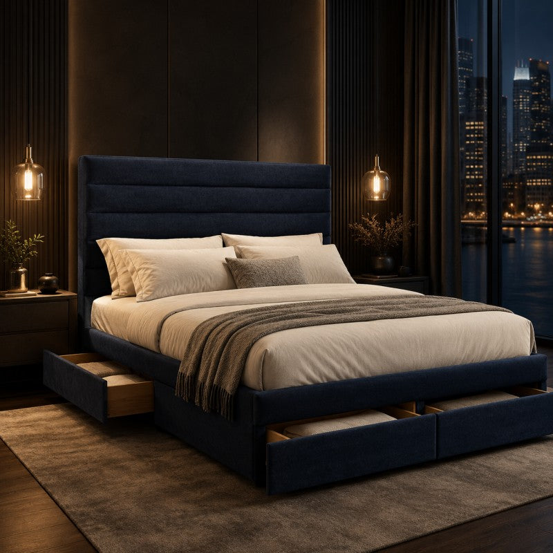 Blue Upholstered Storage Bed Frame – King