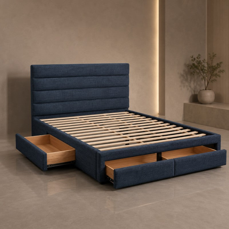 Blue Upholstered Storage Bed Frame – King