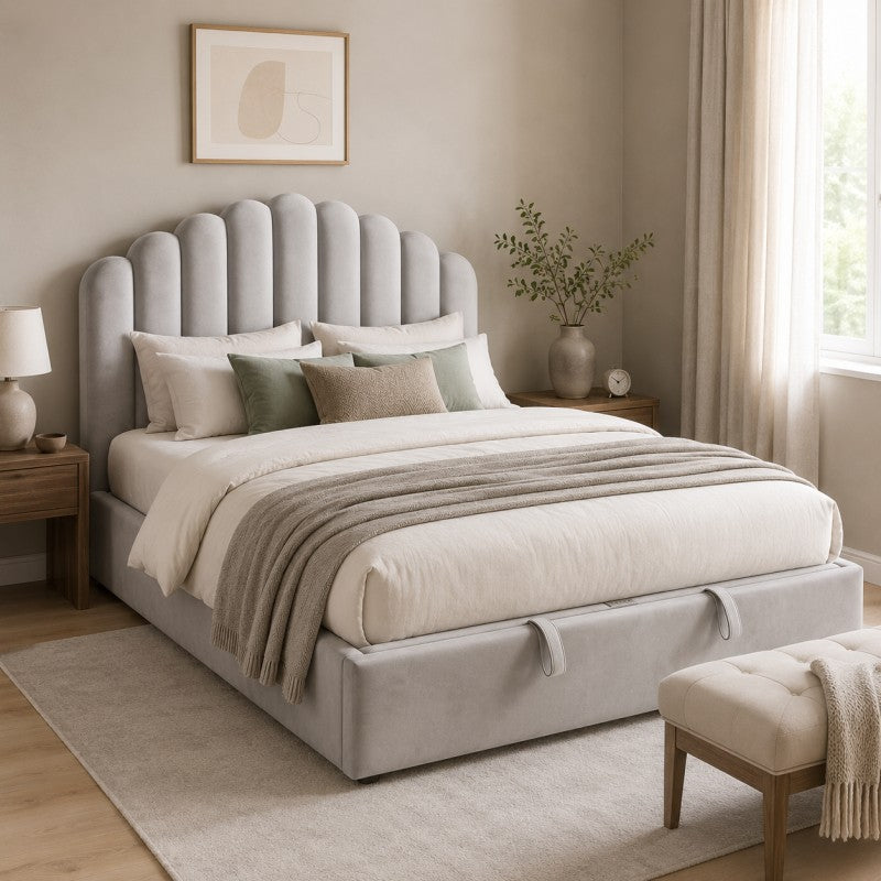 Gray Scalloped Upholstered Bed – King