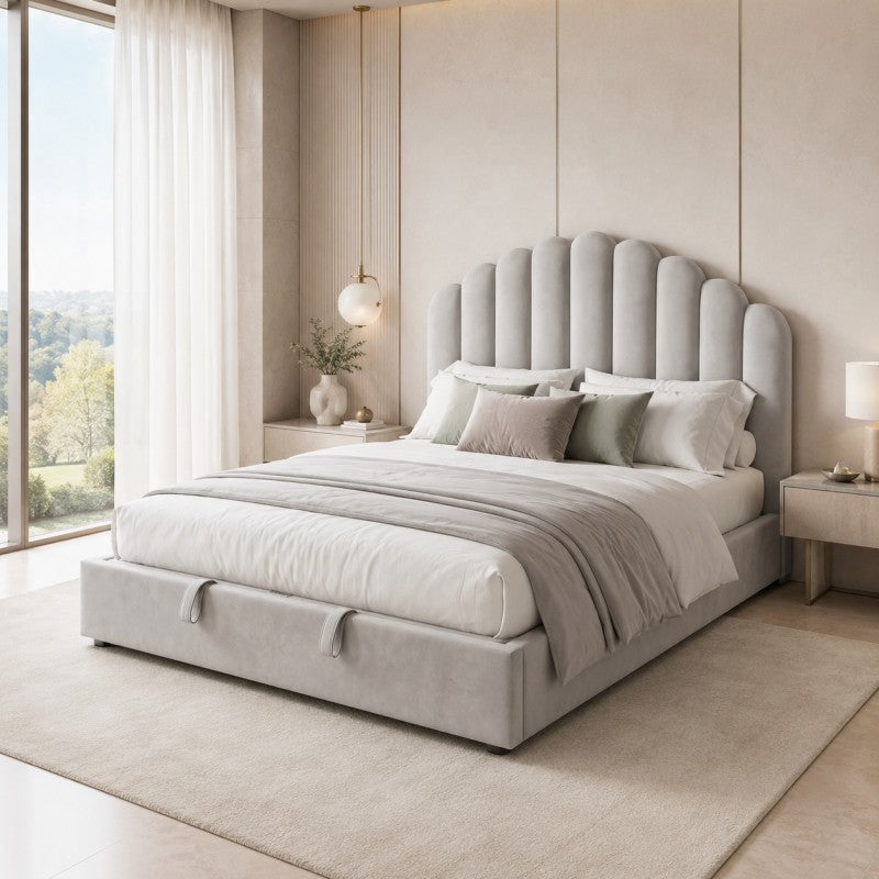 Gray Scalloped Upholstered Bed – King