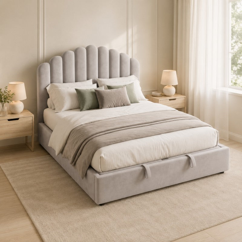 Gray Scalloped Upholstered Bed – King
