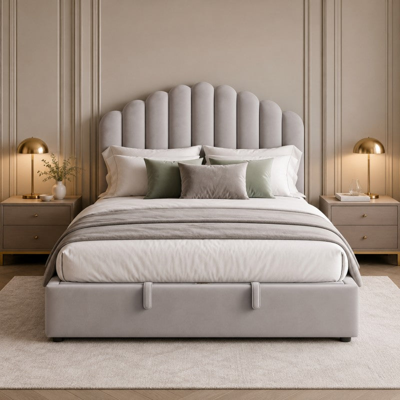 Gray Scalloped Upholstered Bed – King