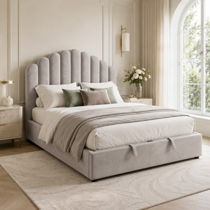 Gray Scalloped Upholstered Bed – King