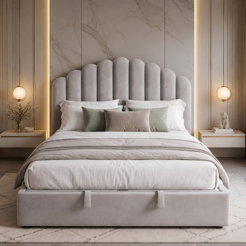 Gray Scalloped Upholstered Bed – King