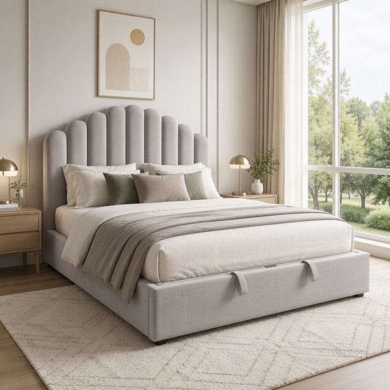 Gray Scalloped Upholstered Bed – King