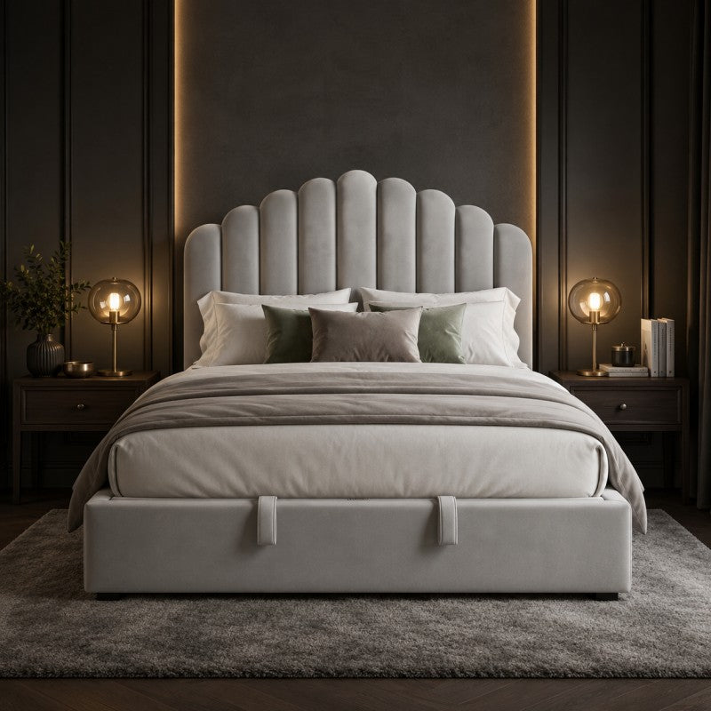 Gray Scalloped Upholstered Bed – King