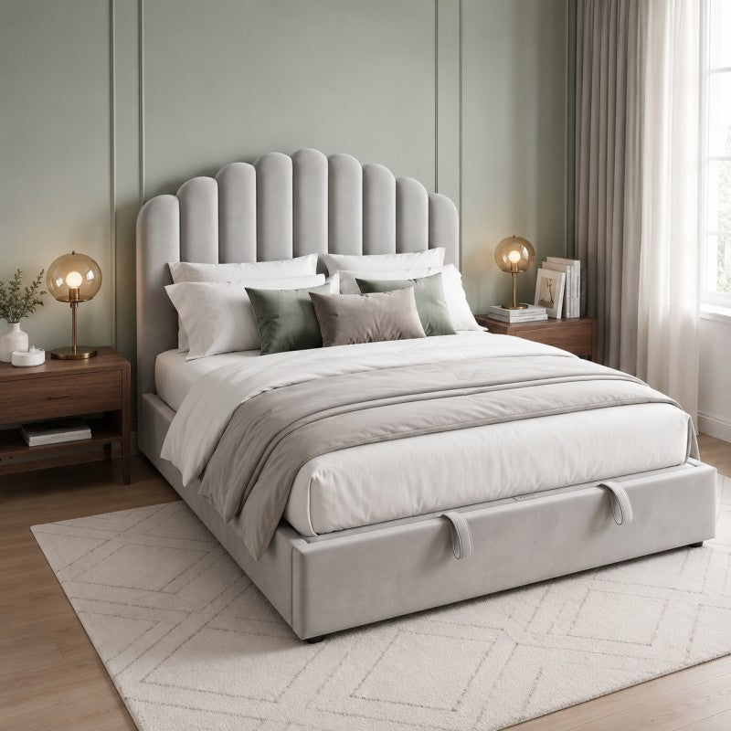 Gray Scalloped Upholstered Bed – King