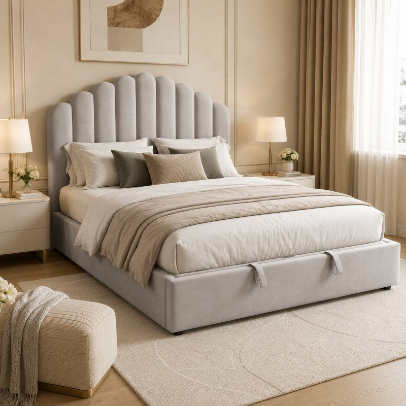 Gray Scalloped Upholstered Bed – King
