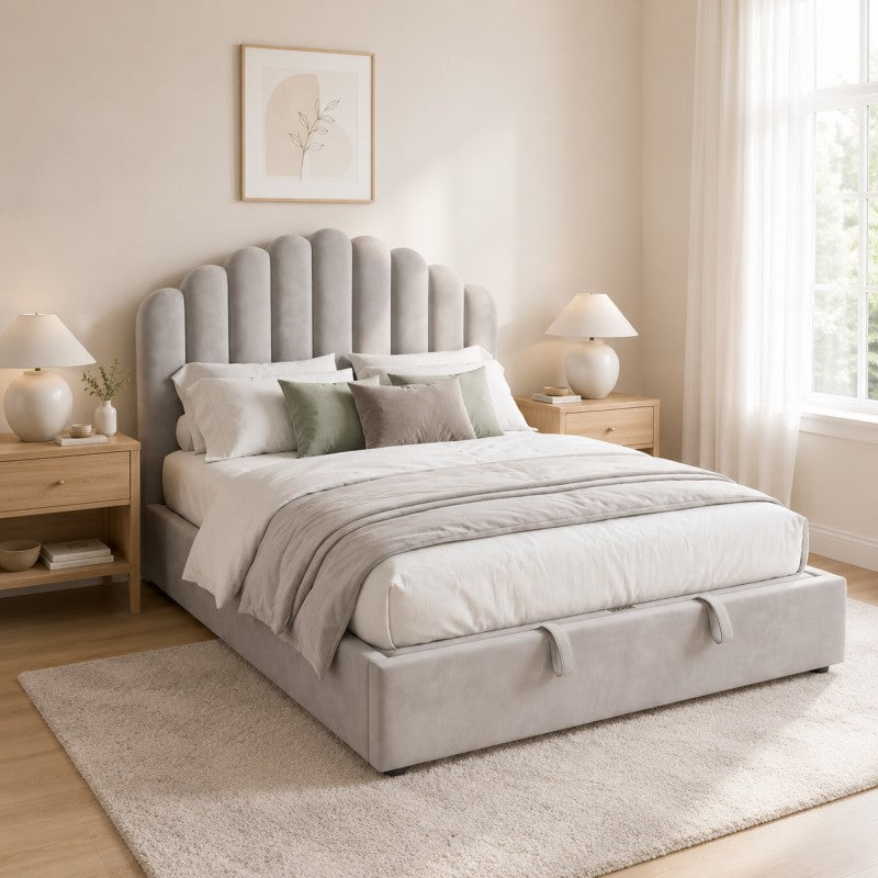 Gray Scalloped Upholstered Bed – King