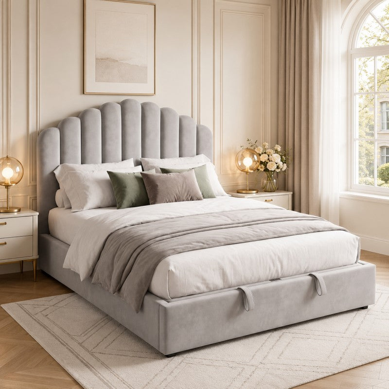 Gray Scalloped Upholstered Bed – King