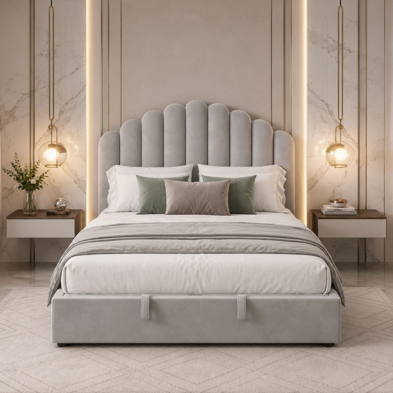 Gray Scalloped Upholstered Bed – King