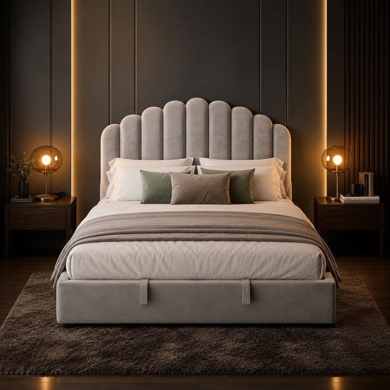 Gray Scalloped Upholstered Bed – King