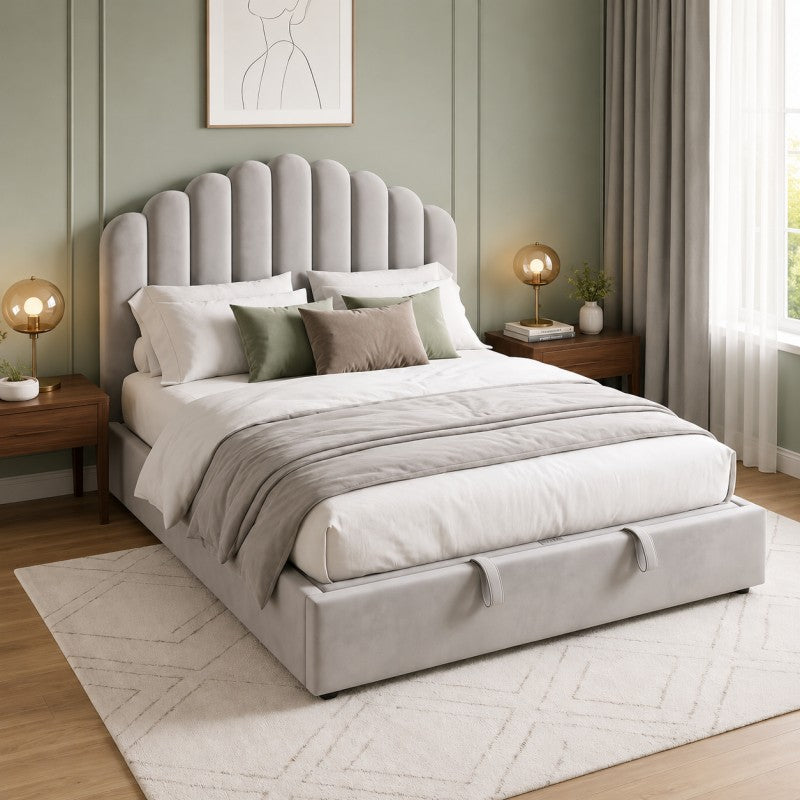 Gray Scalloped Upholstered Bed – King