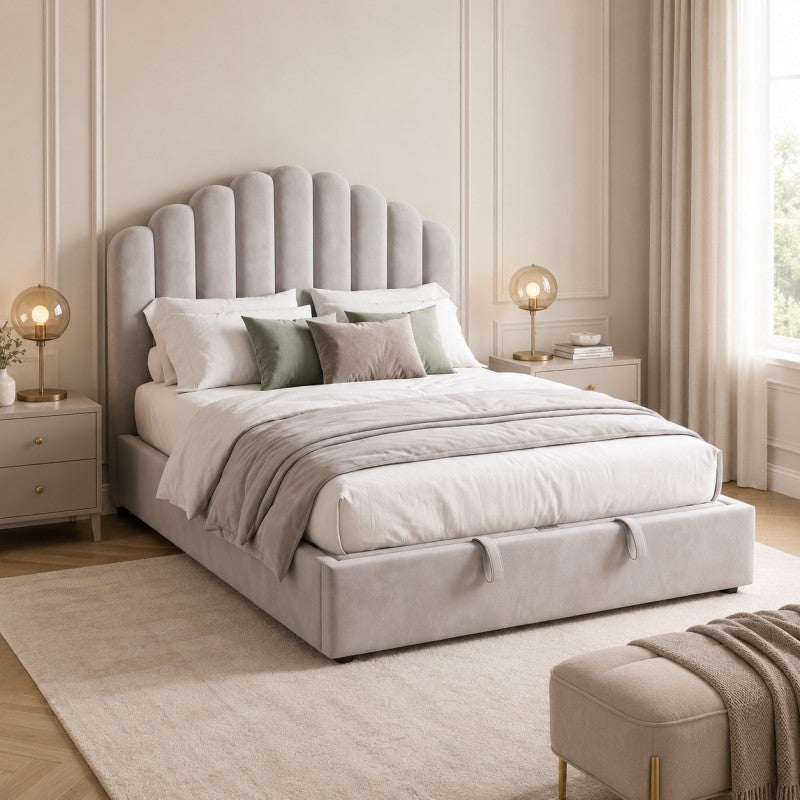 Gray Scalloped Upholstered Bed – King