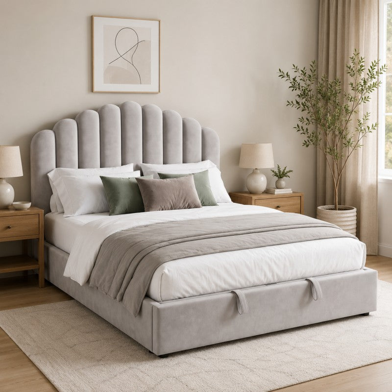 Gray Scalloped Upholstered Bed – King