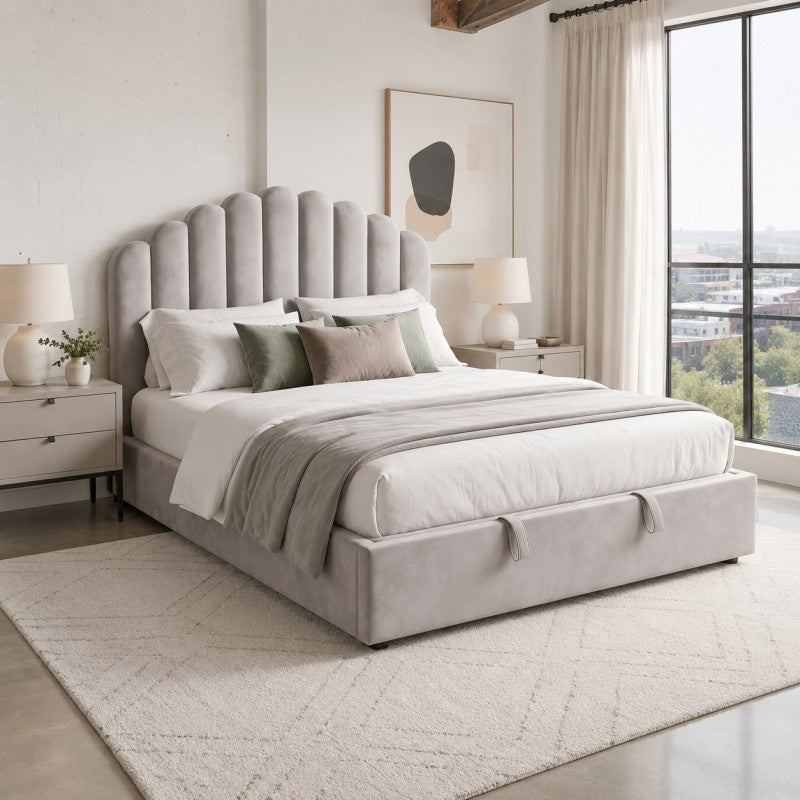 Gray Scalloped Upholstered Bed – King