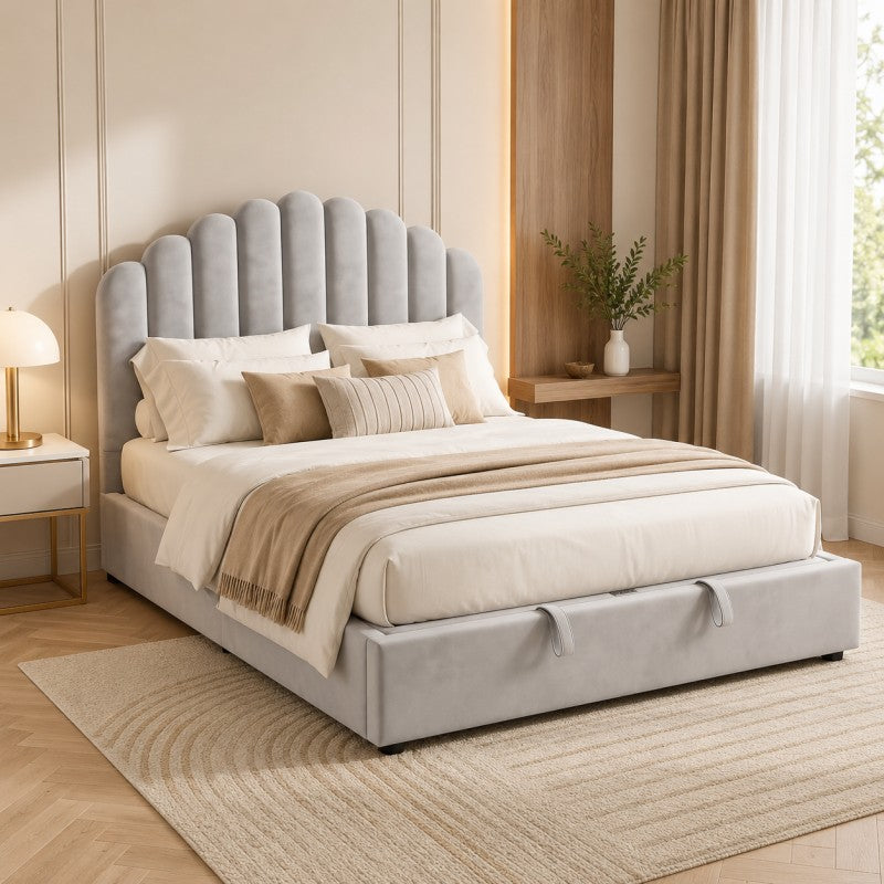 Gray Scalloped Upholstered Bed – King
