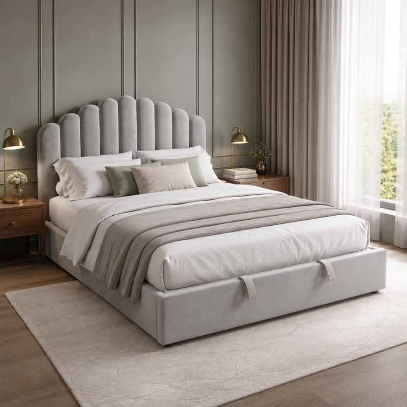 Gray Scalloped Upholstered Bed – King