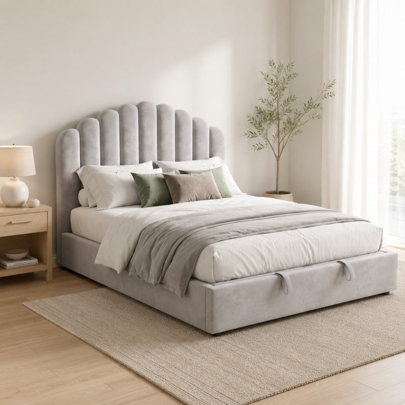 Gray Scalloped Upholstered Bed – King