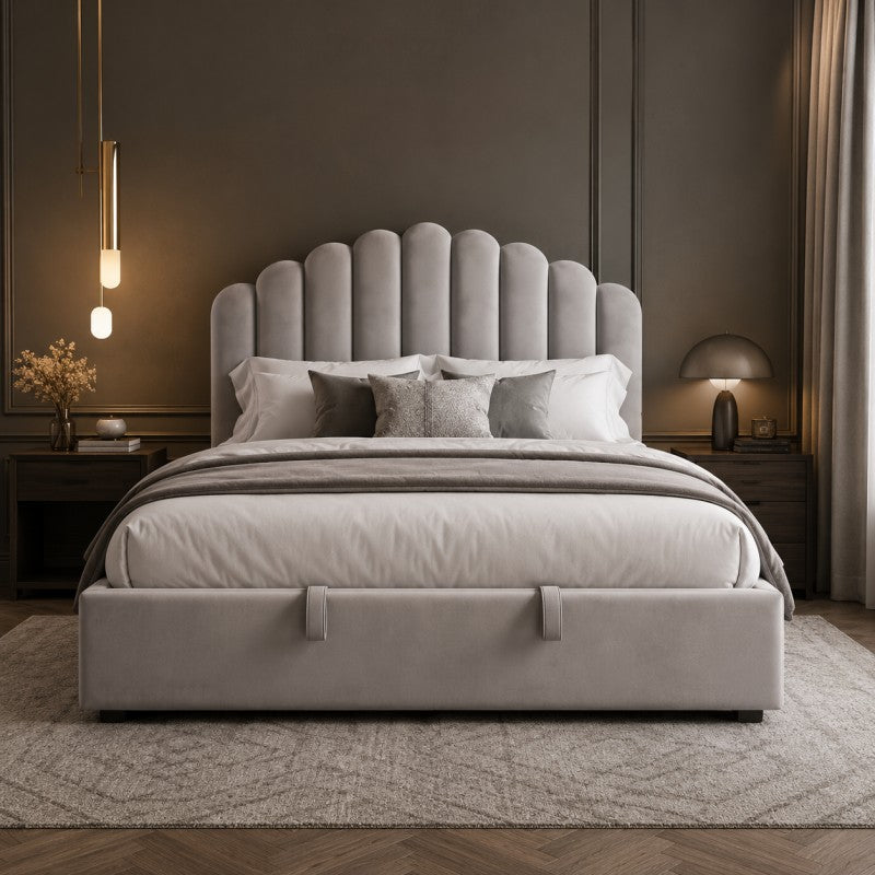 Gray Scalloped Upholstered Bed – King