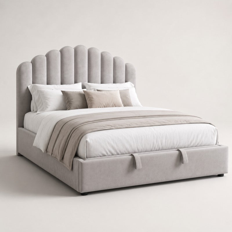 Gray Scalloped Upholstered Bed – King