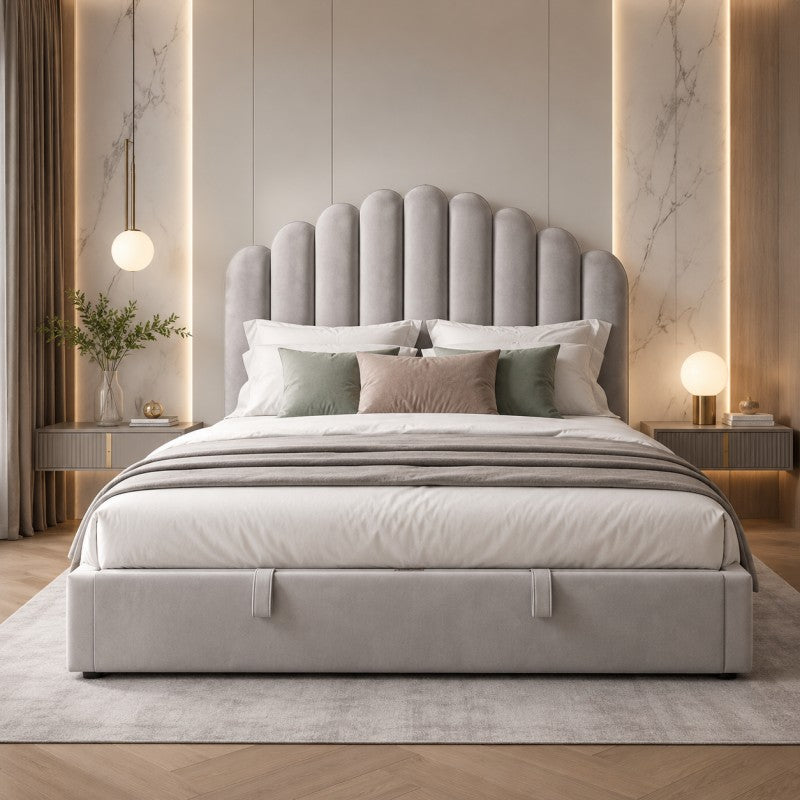 Gray Scalloped Upholstered Bed – King