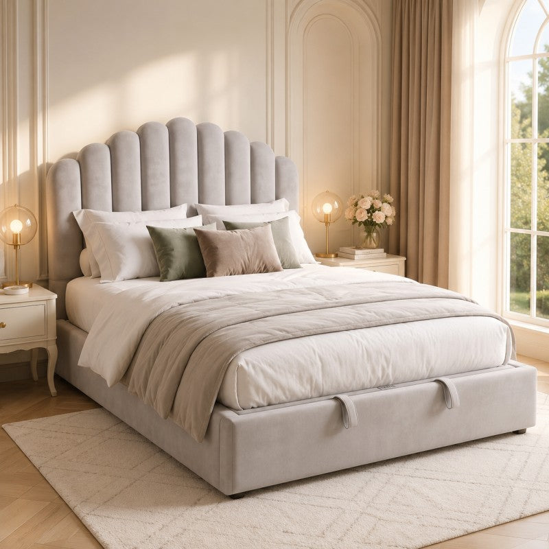 Gray Scalloped Upholstered Bed – King
