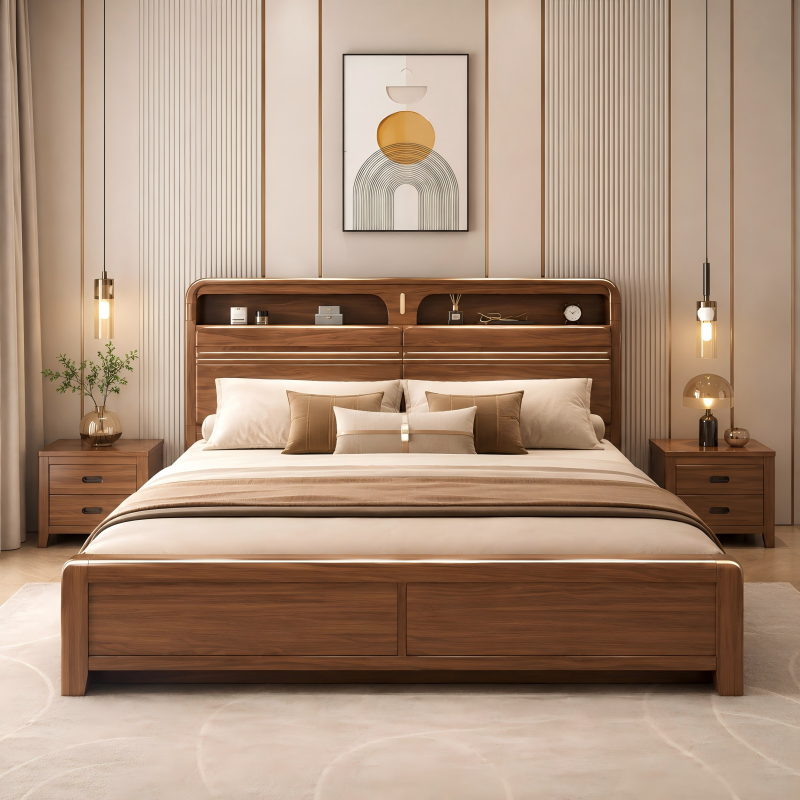 Solid Wood Storage Bed – Modern Walnut