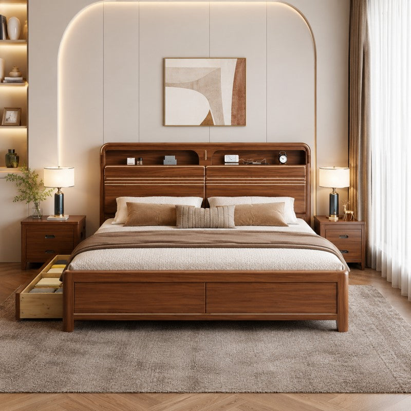 Solid Wood Storage Bed – Modern Walnut