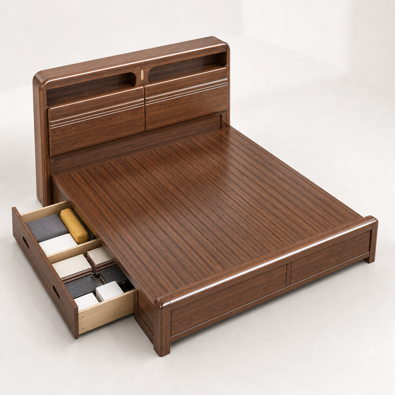 Solid Wood Storage Bed – Modern Walnut