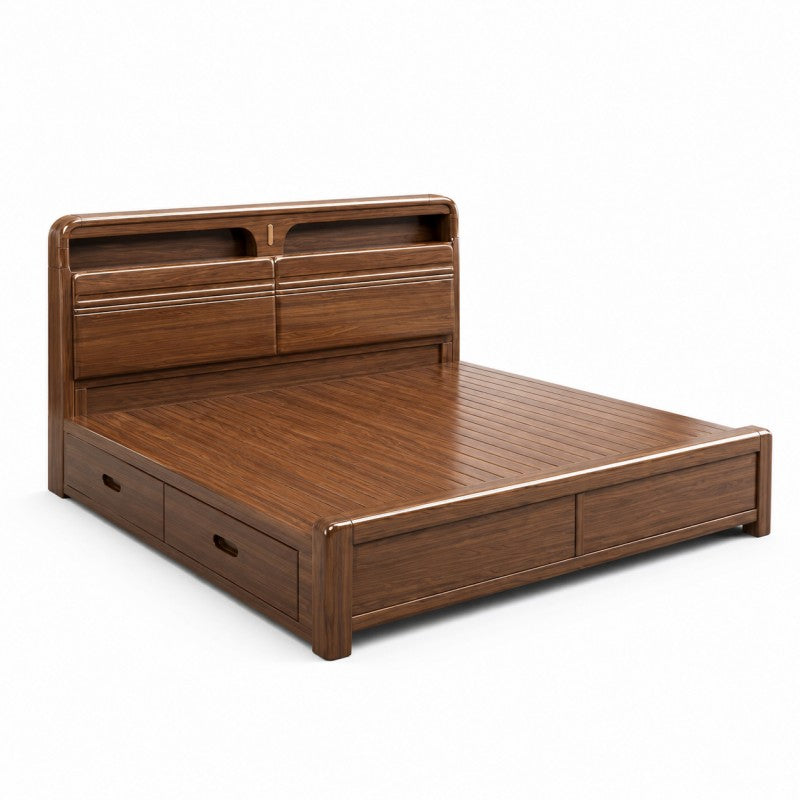 Solid Wood Storage Bed – Modern Walnut
