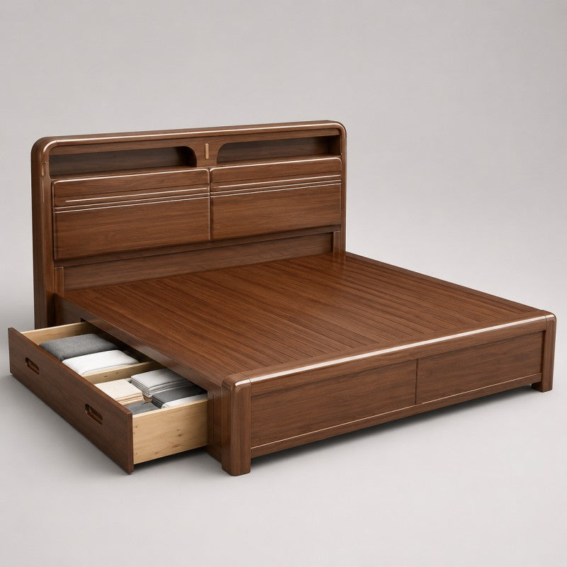 Solid Wood Storage Bed – Modern Walnut
