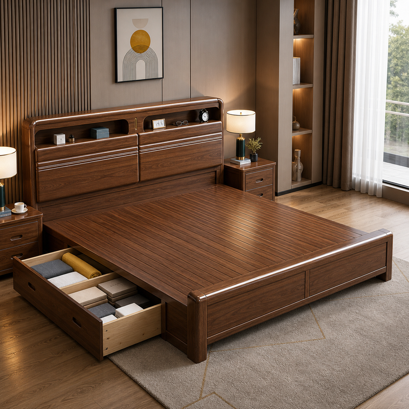 Solid Wood Storage Bed – Modern Walnut