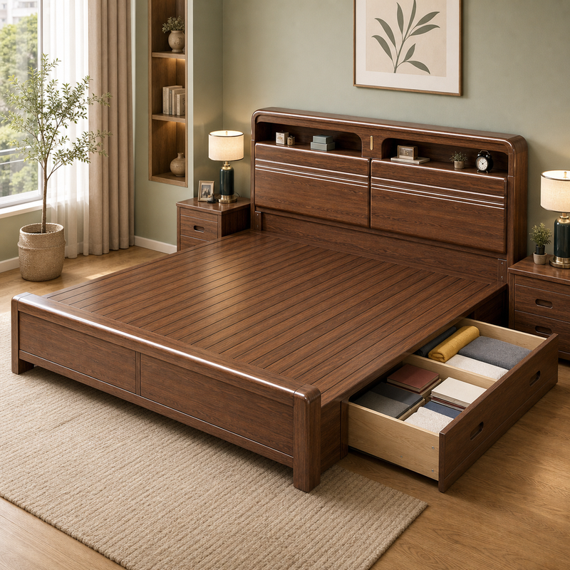 Solid Wood Storage Bed – Modern Walnut