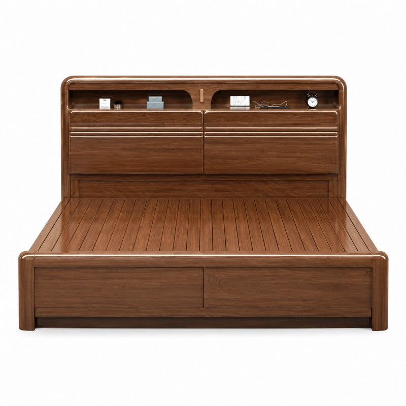 Solid Wood Storage Bed – Modern Walnut