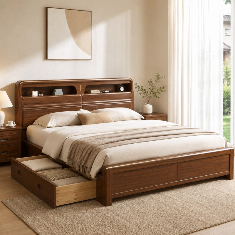 Solid Wood Storage Bed – Modern Walnut