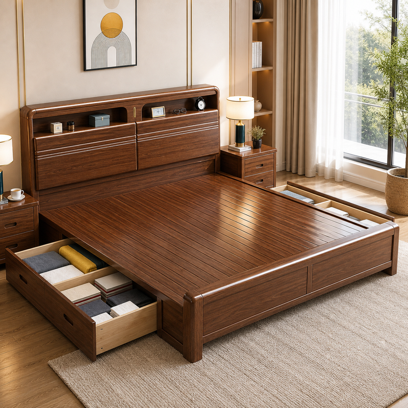 Solid Wood Storage Bed – Modern Walnut
