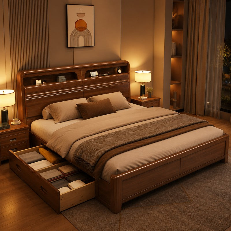 Solid Wood Storage Bed – Modern Walnut