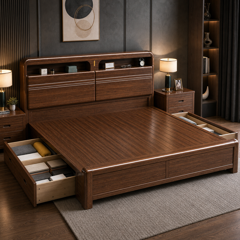 Solid Wood Storage Bed – Modern Walnut
