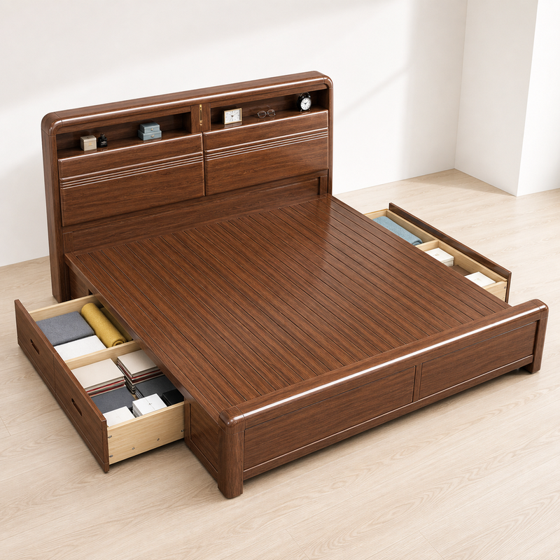 Solid Wood Storage Bed – Modern Walnut