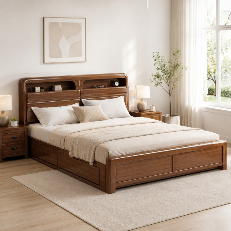 Solid Wood Storage Bed – Modern Walnut