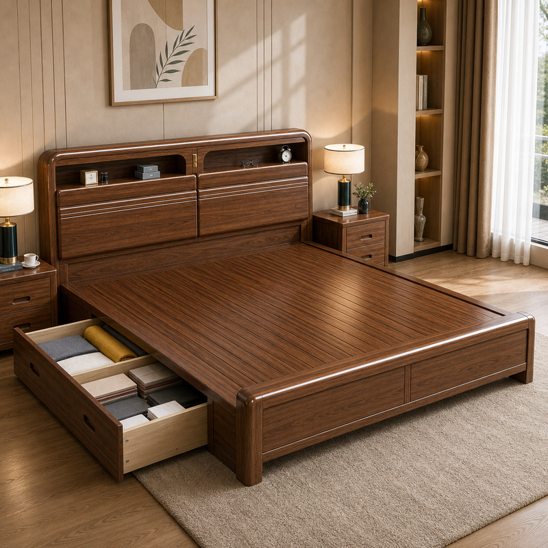 Solid Wood Storage Bed – Modern Walnut