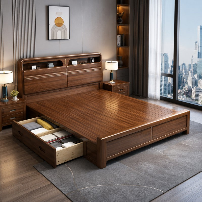 Solid Wood Storage Bed – Modern Walnut