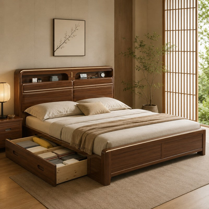 Solid Wood Storage Bed – Modern Walnut