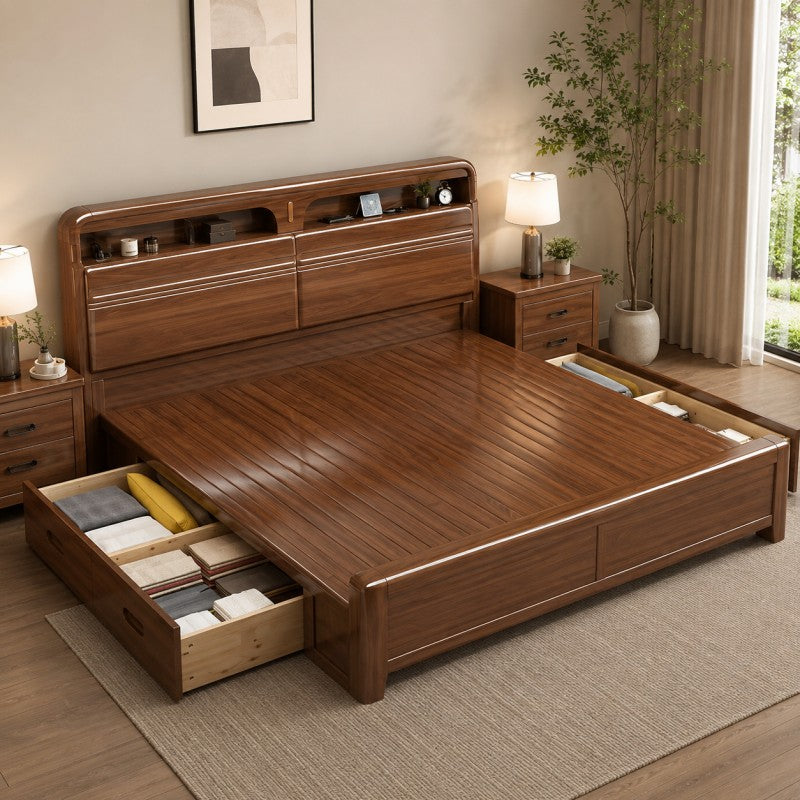 Solid Wood Storage Bed – Modern Walnut