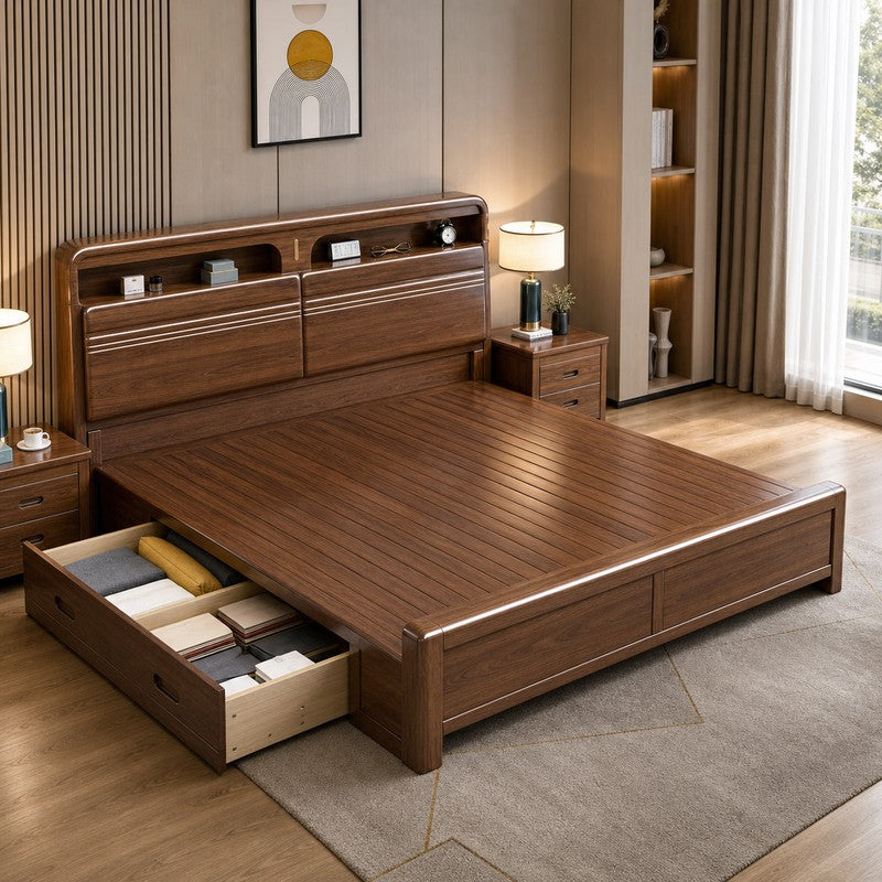 Solid Wood Storage Bed – Modern Walnut