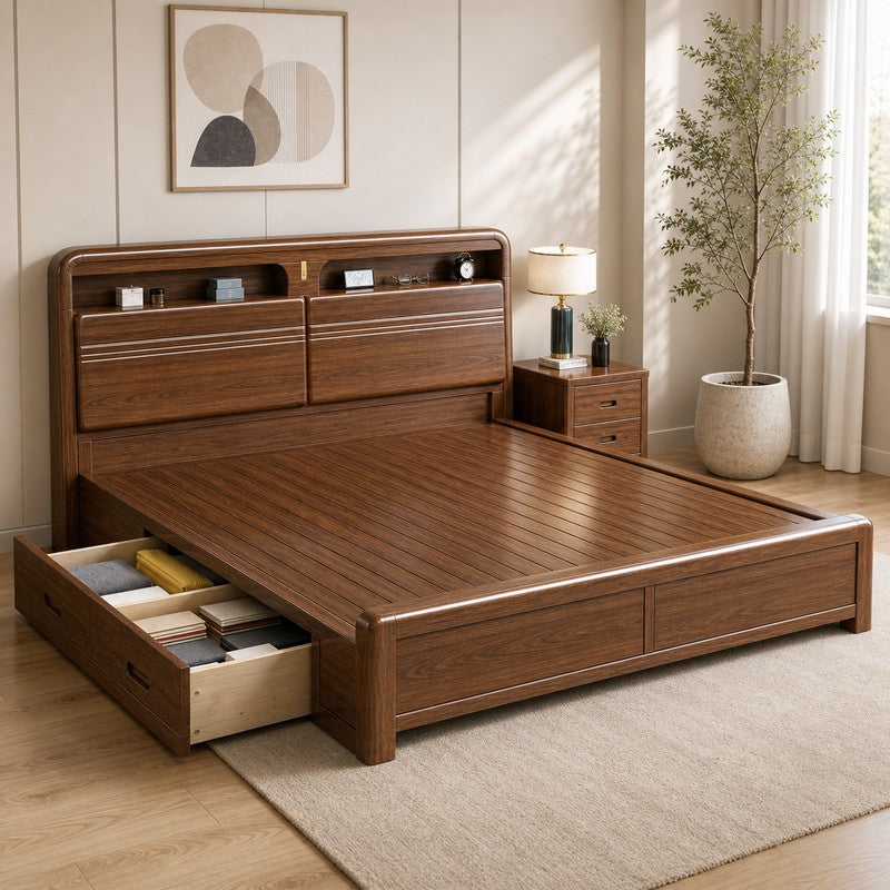 Solid Wood Storage Bed – Modern Walnut