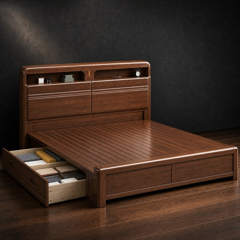 Solid Wood Storage Bed – Modern Walnut